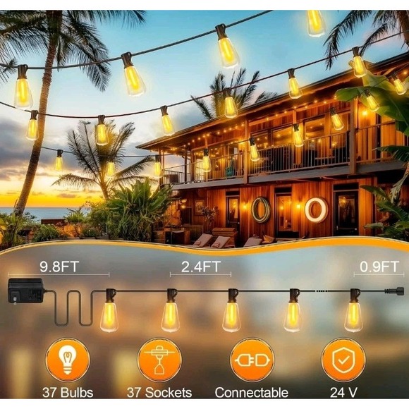 100Ft 37 Bulb Outside Waterproof Light with Remote Dimmable ST38 Shatterproof - Picture 6 of 6